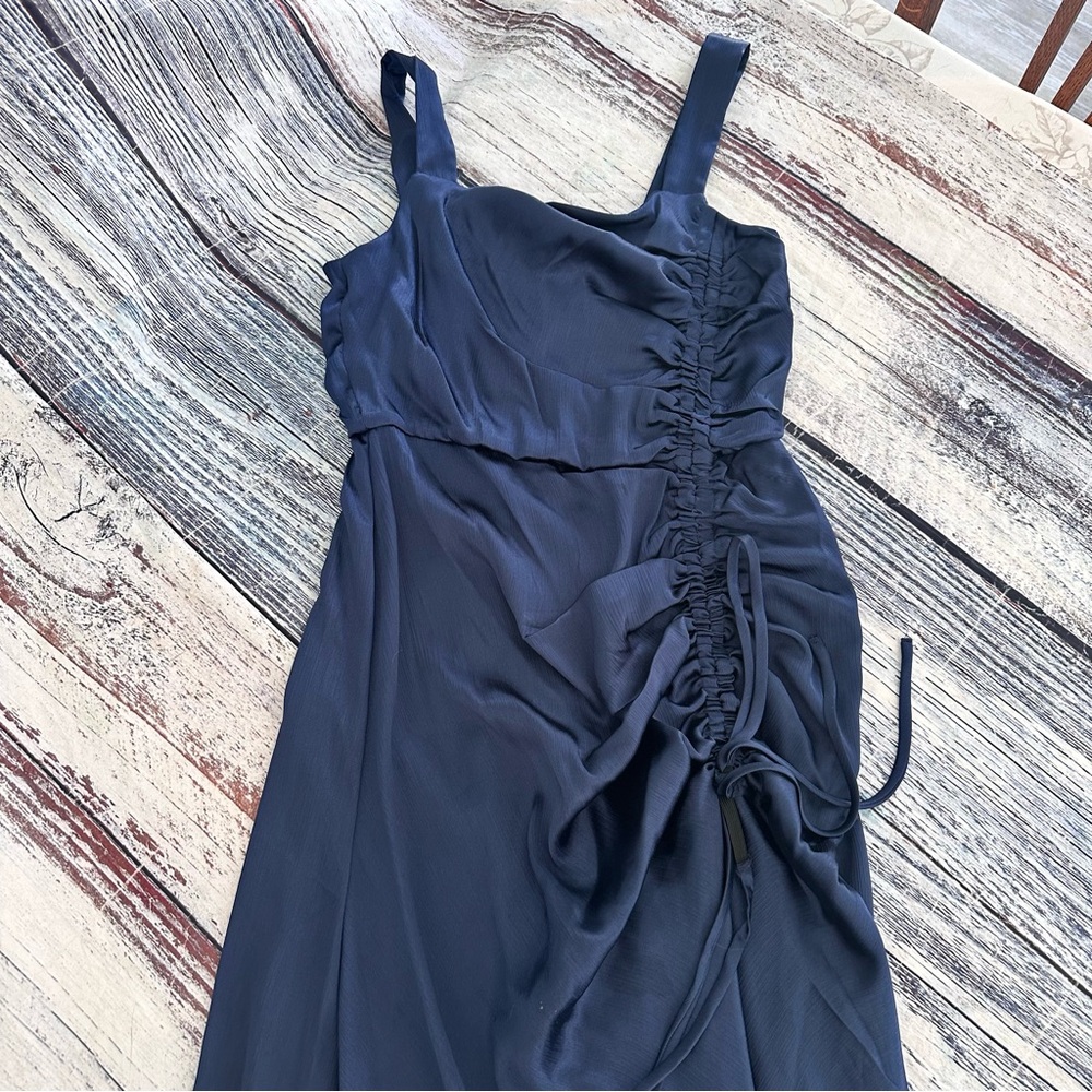 Taylor Navy Satin Ruched-Side Slip Dress - Picture 3 of 8